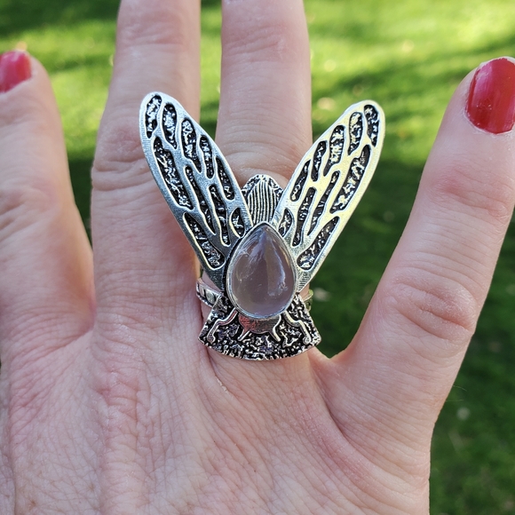 New Rose Quartz Flying Insect Silver Ring. - Picture 11 of 15